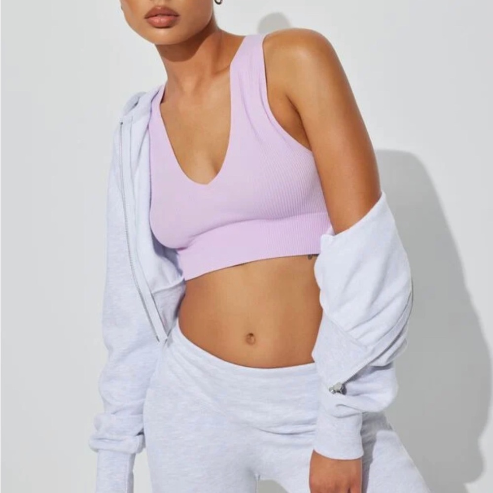 GARAGE PURPLE STELLA SEAMLESS PLUNGE RIBBED CROP TOP